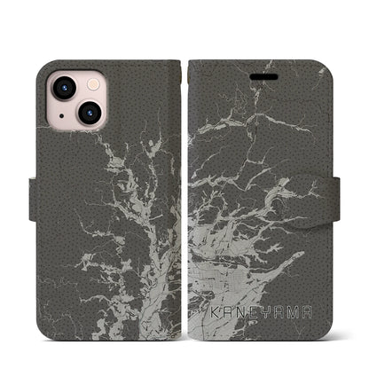 【金山（山形県）】地図柄iPhoneケース（手帳タイプ）モノトーン・iPhone 13 mini 用