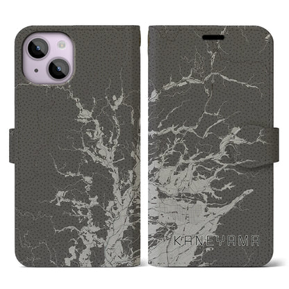 【金山（山形県）】地図柄iPhoneケース（手帳タイプ）モノトーン・iPhone 14 用