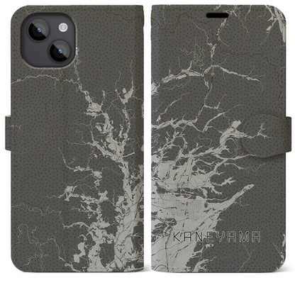 【金山（山形県）】地図柄iPhoneケース（手帳タイプ）モノトーン・iPhone 14 Plus 用