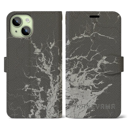 【金山（山形県）】地図柄iPhoneケース（手帳タイプ）モノトーン・iPhone 15 用