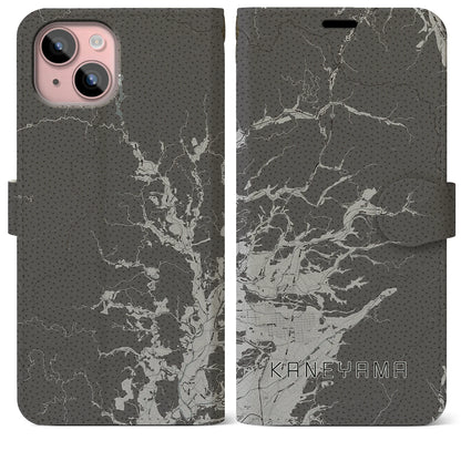 【金山（山形県）】地図柄iPhoneケース（手帳タイプ）モノトーン・iPhone 15 Plus 用