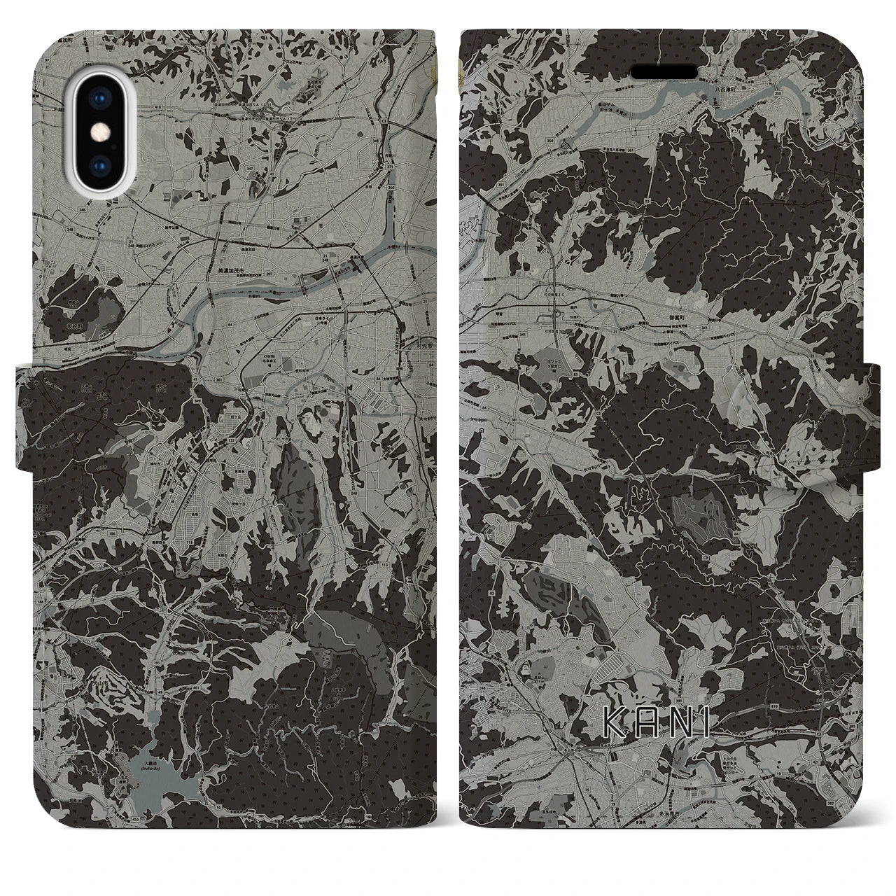 【可児（岐阜県）】地図柄iPhoneケース（手帳タイプ）モノトーン・iPhone XS Max 用