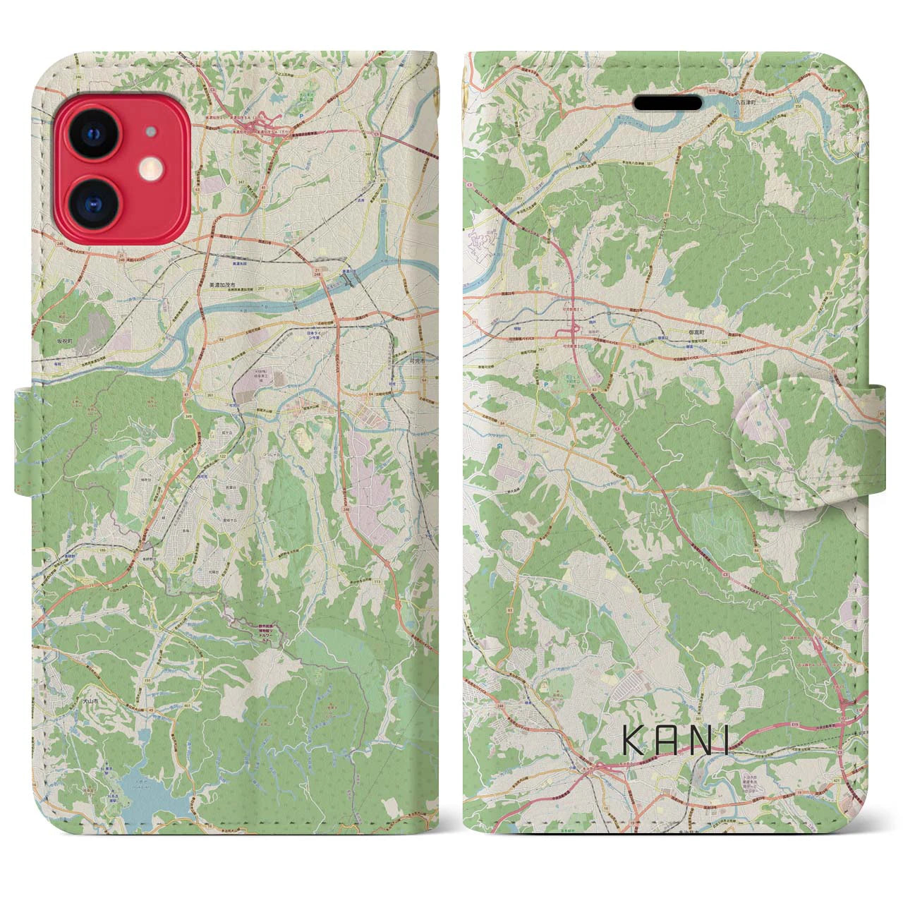 【可児（岐阜県）】地図柄iPhoneケース（手帳タイプ）ナチュラル・iPhone 11 用