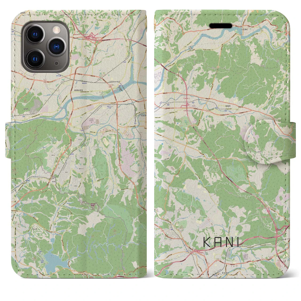 【可児（岐阜県）】地図柄iPhoneケース（手帳タイプ）ナチュラル・iPhone 11 Pro Max 用