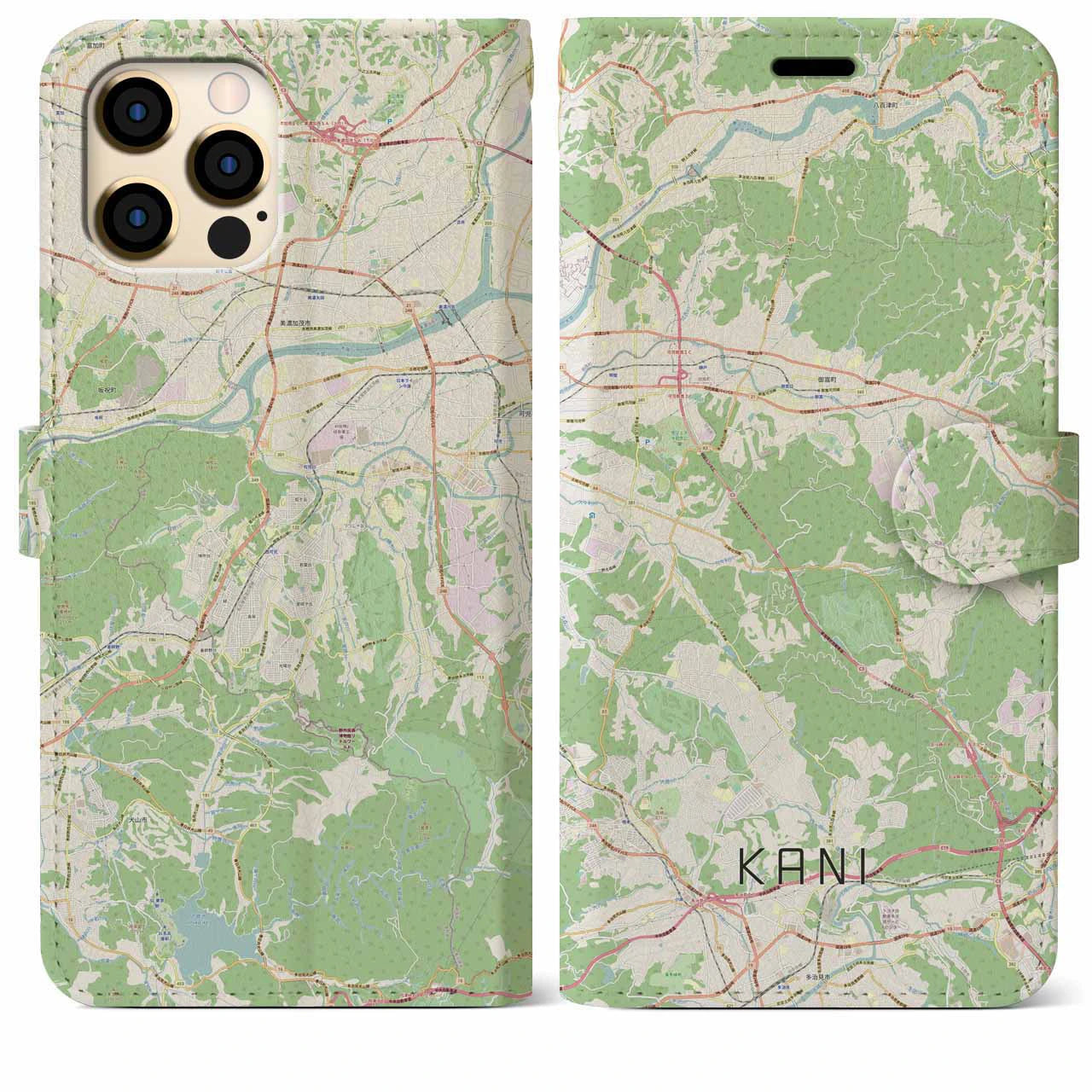 【可児（岐阜県）】地図柄iPhoneケース（手帳タイプ）ナチュラル・iPhone 12 Pro Max 用