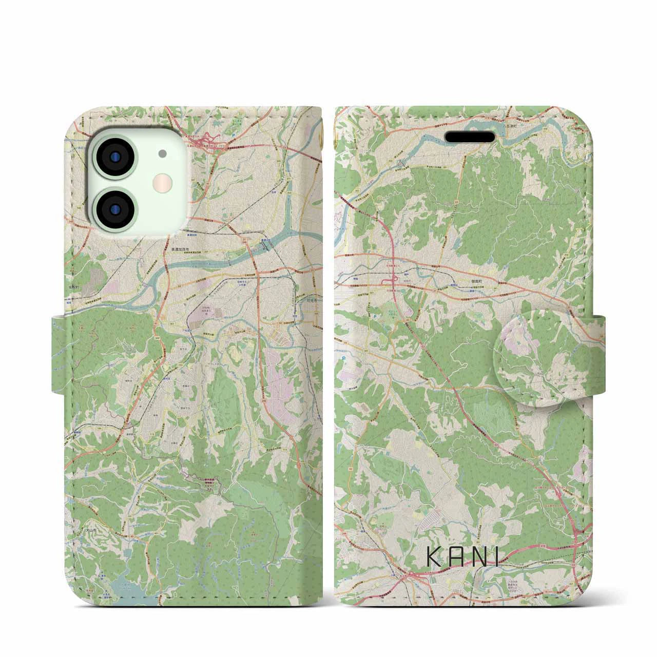 【可児（岐阜県）】地図柄iPhoneケース（手帳タイプ）ナチュラル・iPhone 12 mini 用