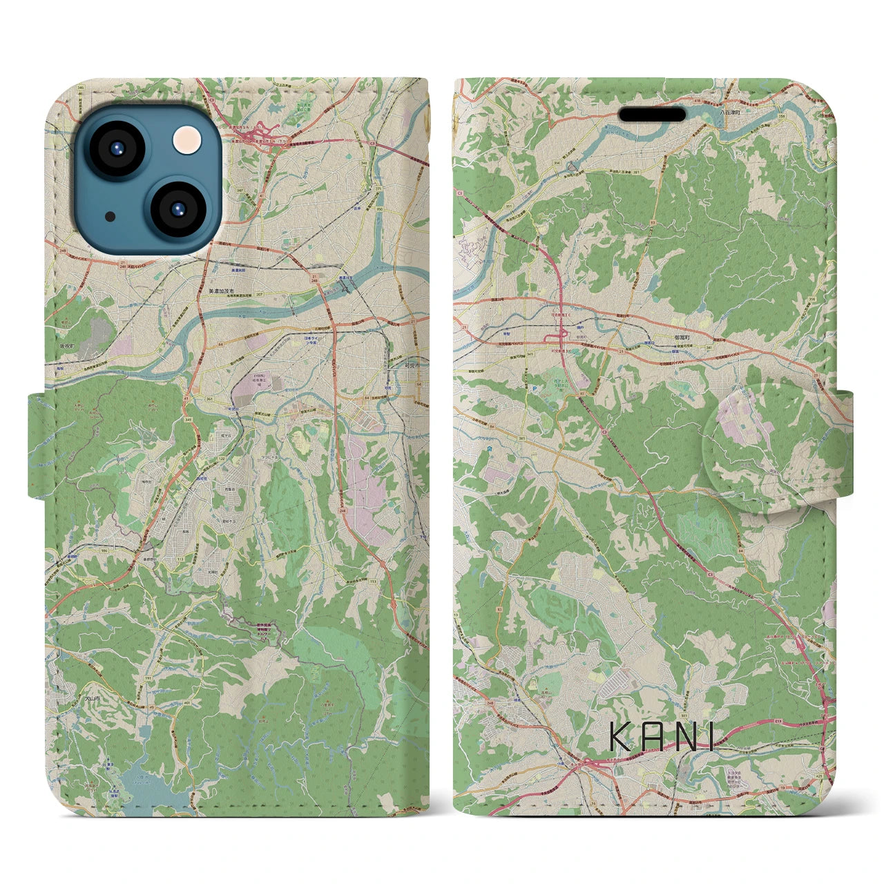 【可児（岐阜県）】地図柄iPhoneケース（手帳タイプ）ナチュラル・iPhone 13 用