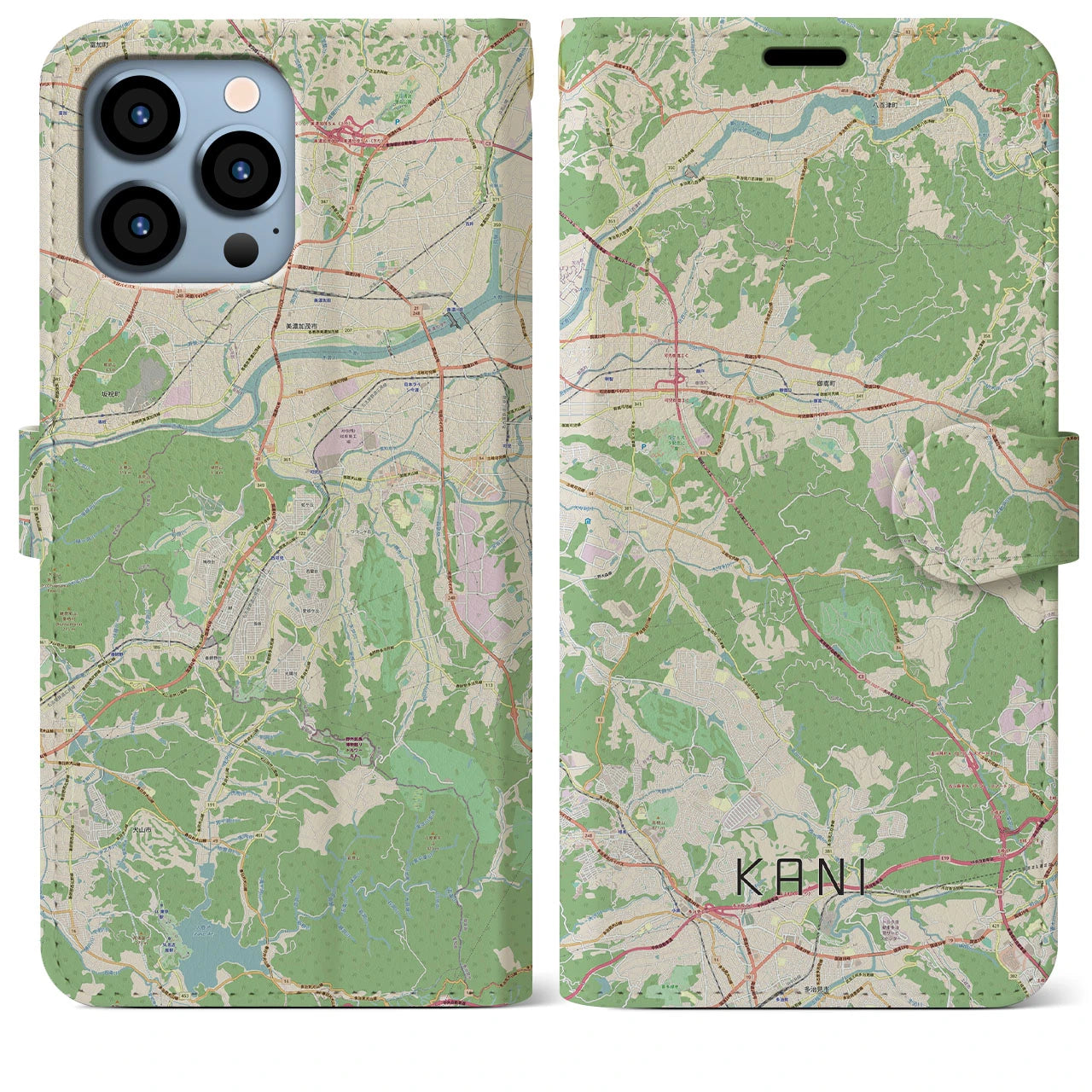 【可児（岐阜県）】地図柄iPhoneケース（手帳タイプ）ナチュラル・iPhone 13 Pro Max 用