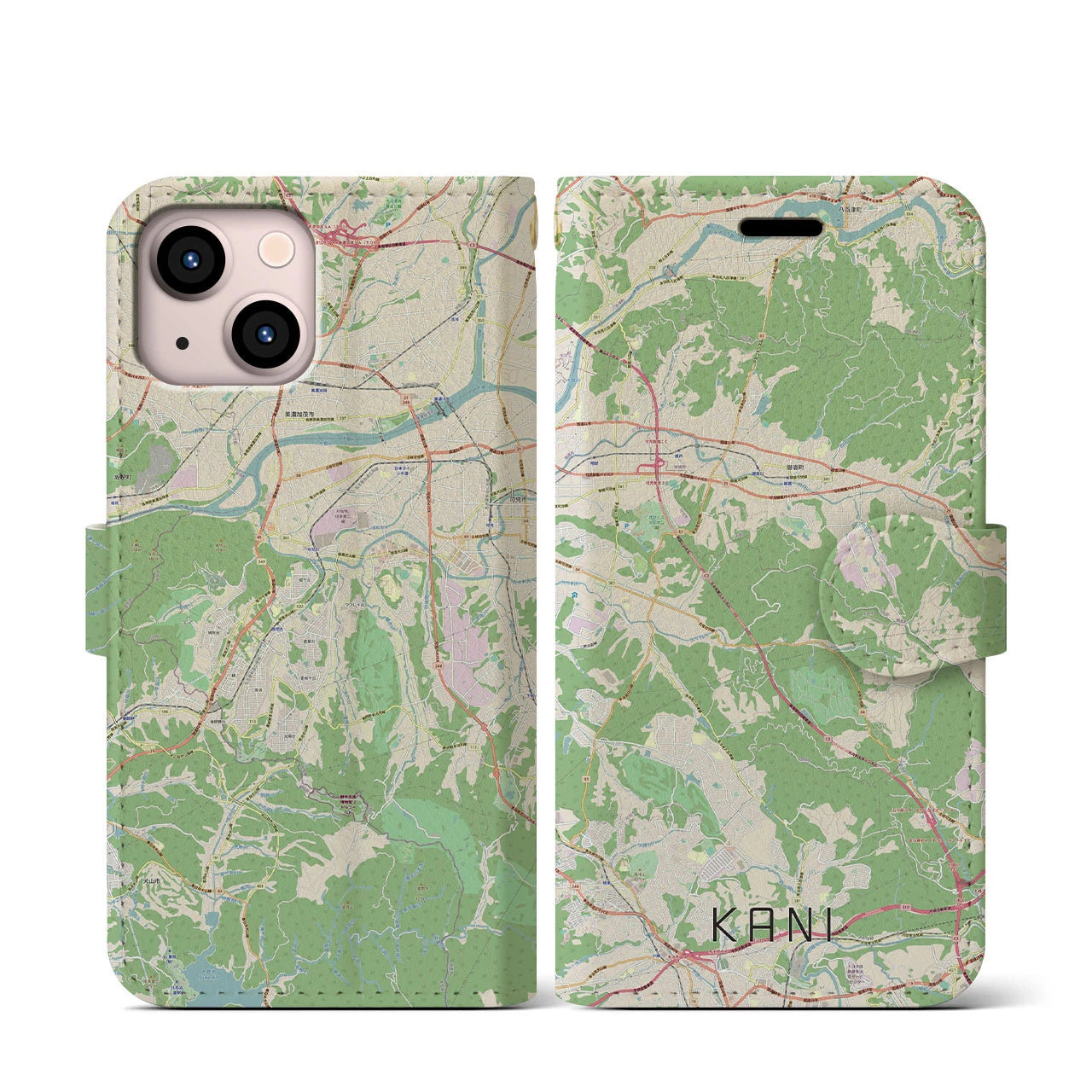 【可児（岐阜県）】地図柄iPhoneケース（手帳タイプ）ナチュラル・iPhone 13 mini 用