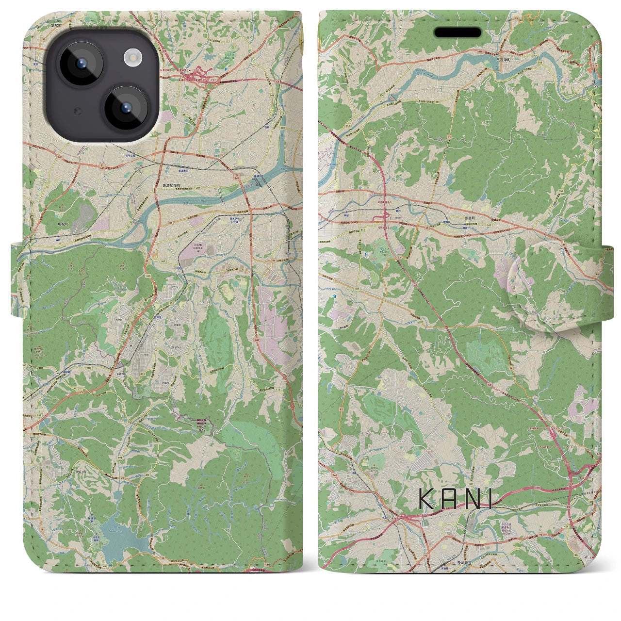 【可児（岐阜県）】地図柄iPhoneケース（手帳タイプ）ナチュラル・iPhone 14 Plus 用