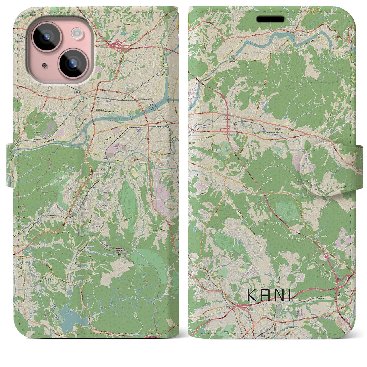 【可児（岐阜県）】地図柄iPhoneケース（手帳タイプ）ナチュラル・iPhone 15 Plus 用