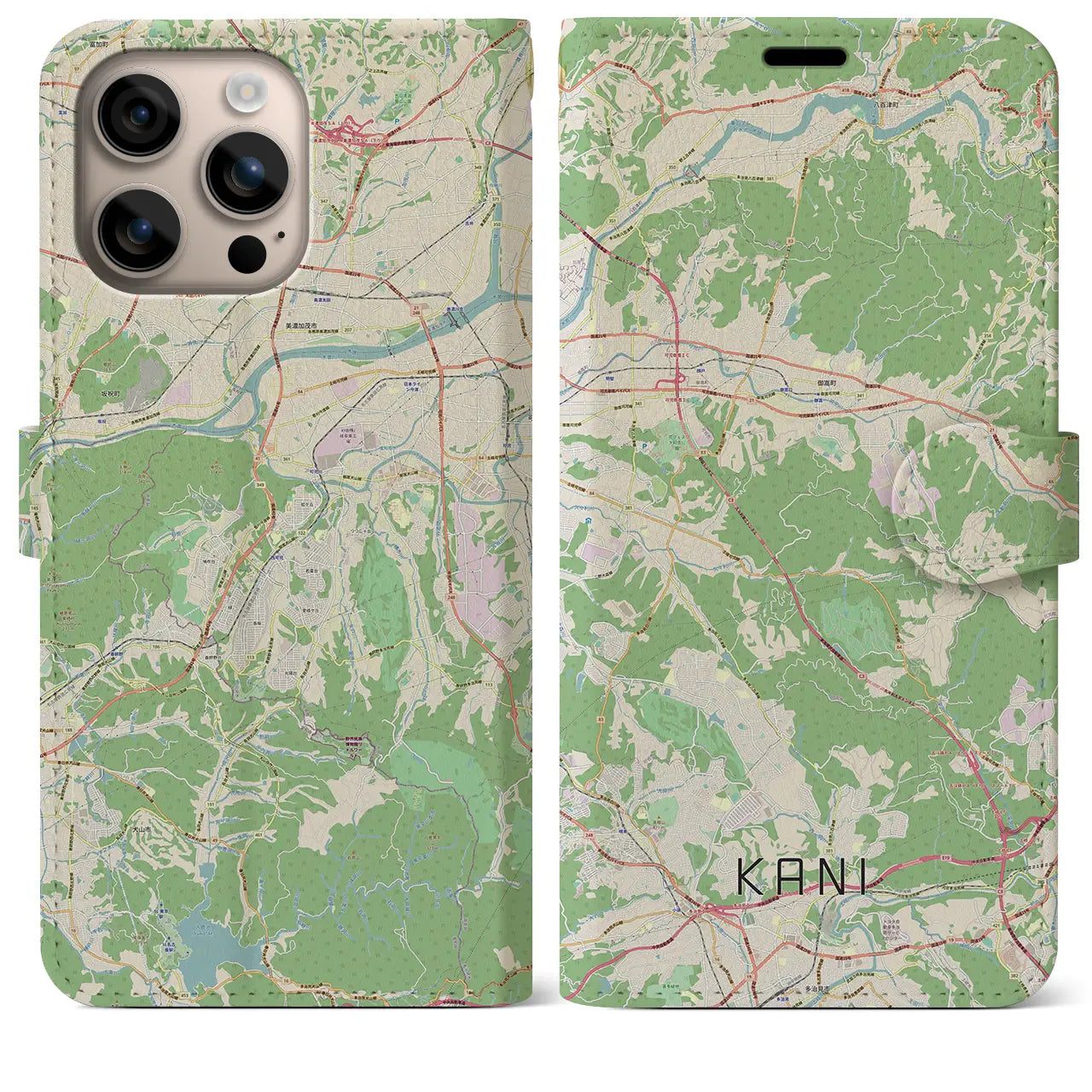 【可児（岐阜県）】地図柄iPhoneケース（手帳タイプ）ナチュラル・iPhone 16 Plus 用