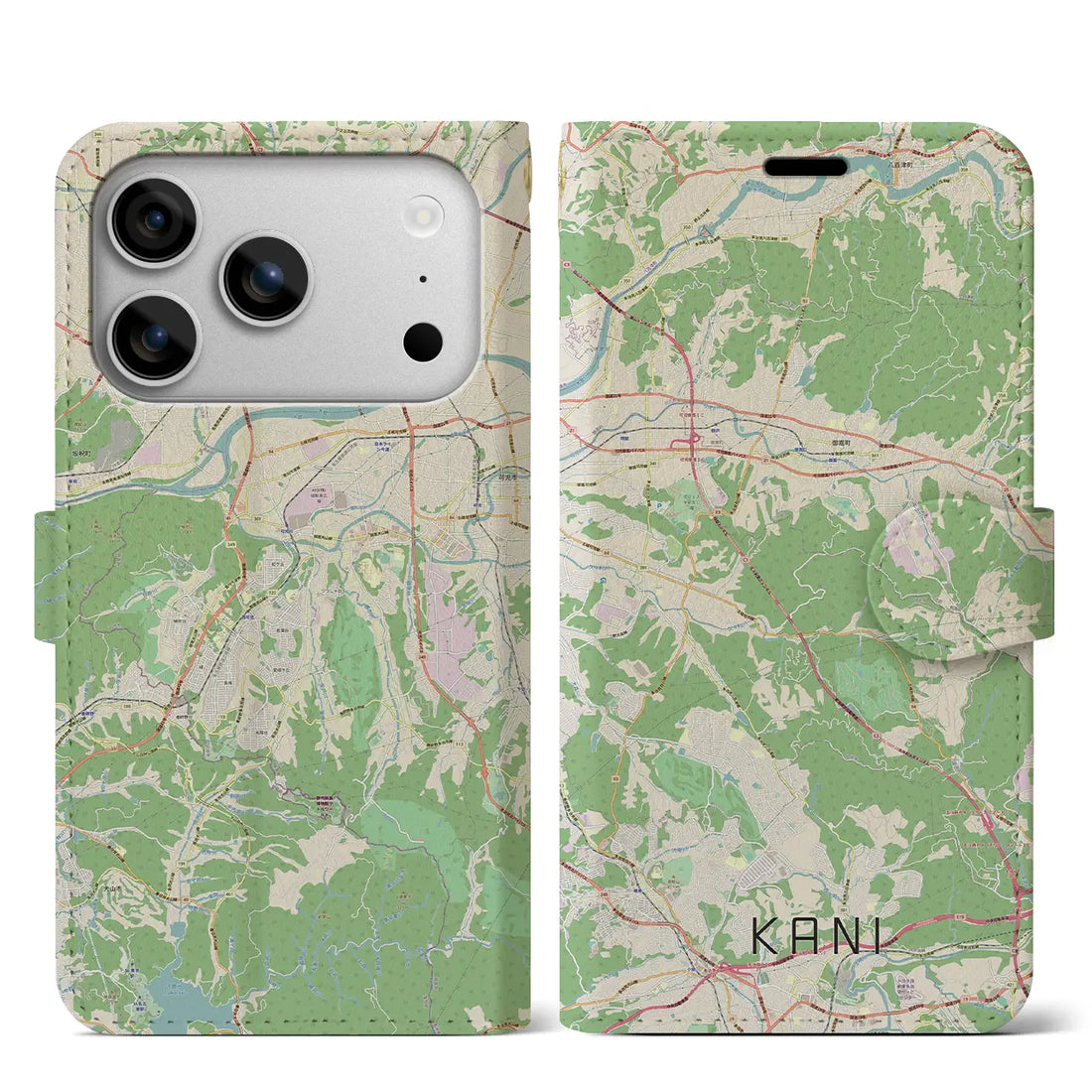 【可児（岐阜県）】地図柄iPhoneケース（手帳タイプ）ナチュラル・iPhone 17 Pro Max 用