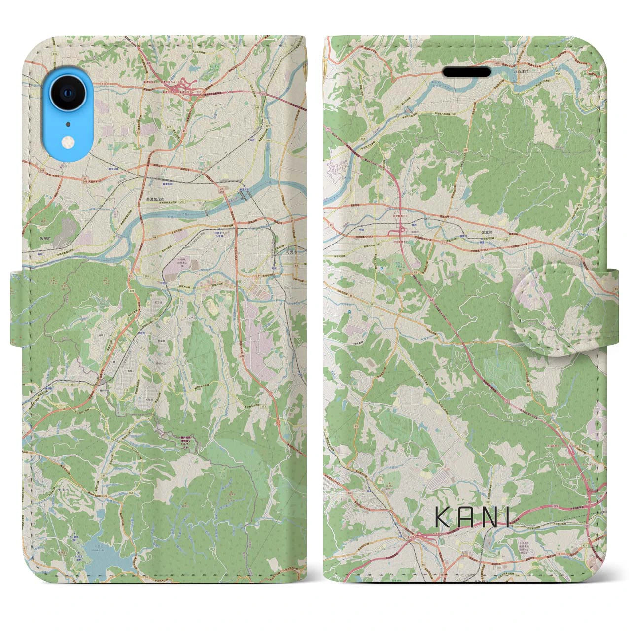 【可児（岐阜県）】地図柄iPhoneケース（手帳タイプ）ナチュラル・iPhone XR 用