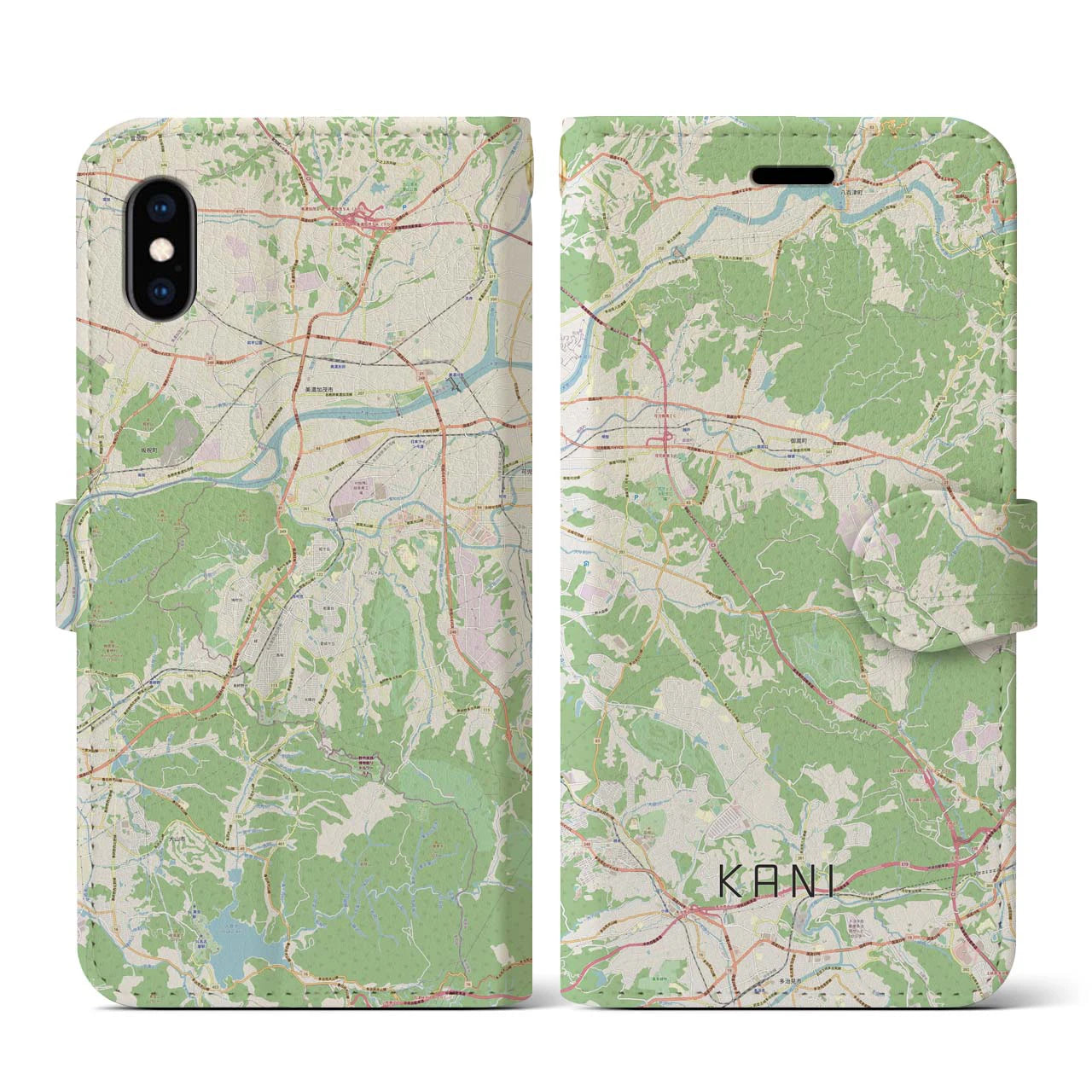 【可児（岐阜県）】地図柄iPhoneケース（手帳タイプ）ナチュラル・iPhone XS / X 用