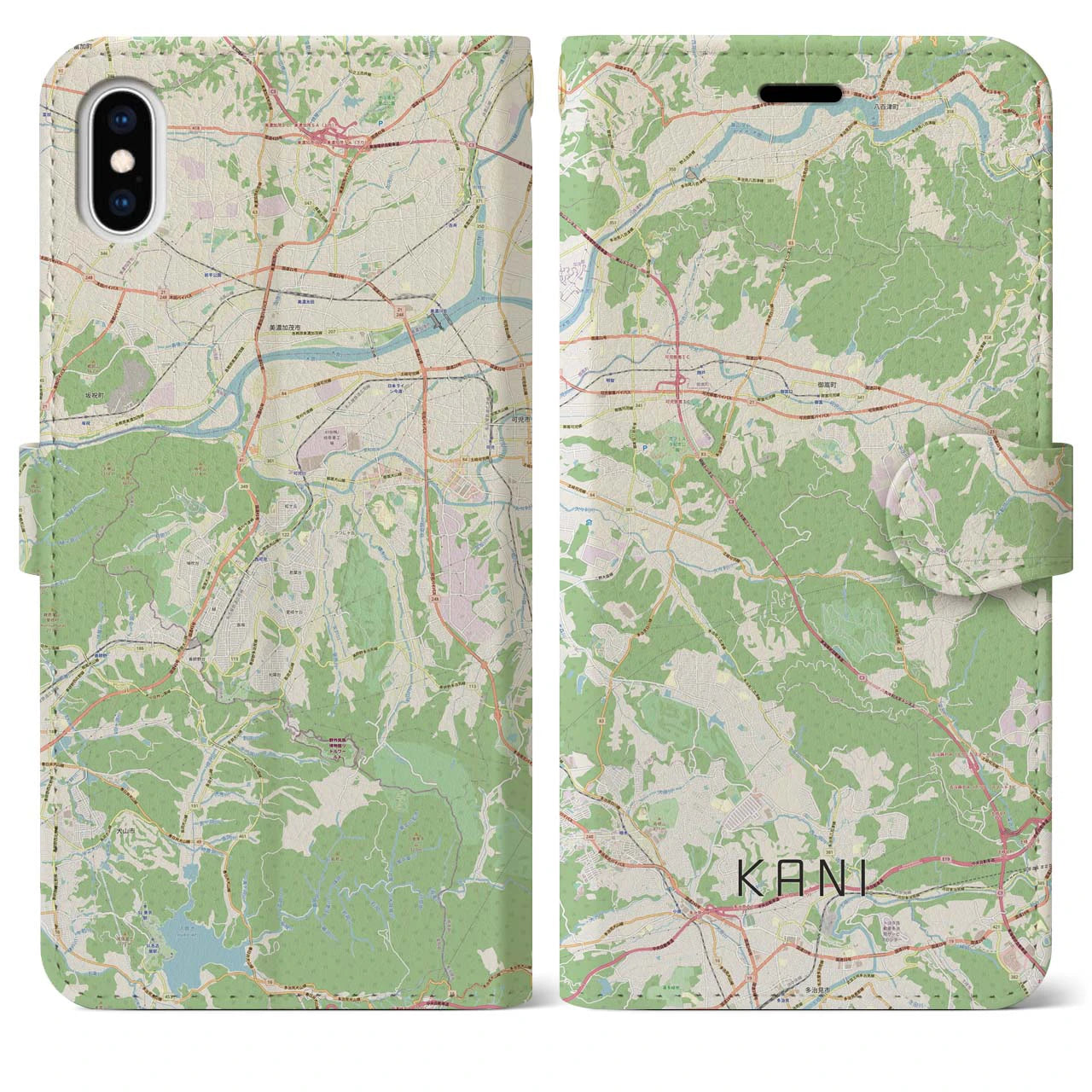 【可児（岐阜県）】地図柄iPhoneケース（手帳タイプ）ナチュラル・iPhone XS Max 用