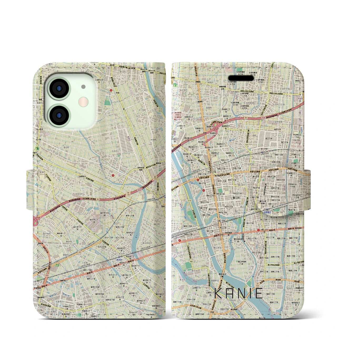 【蟹江（愛知県）】地図柄iPhoneケース（手帳タイプ）