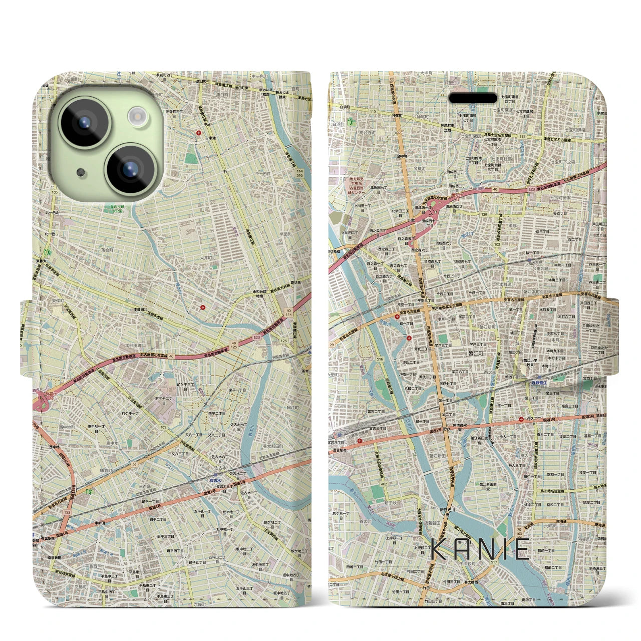 【蟹江（愛知県）】地図柄iPhoneケース（手帳タイプ）