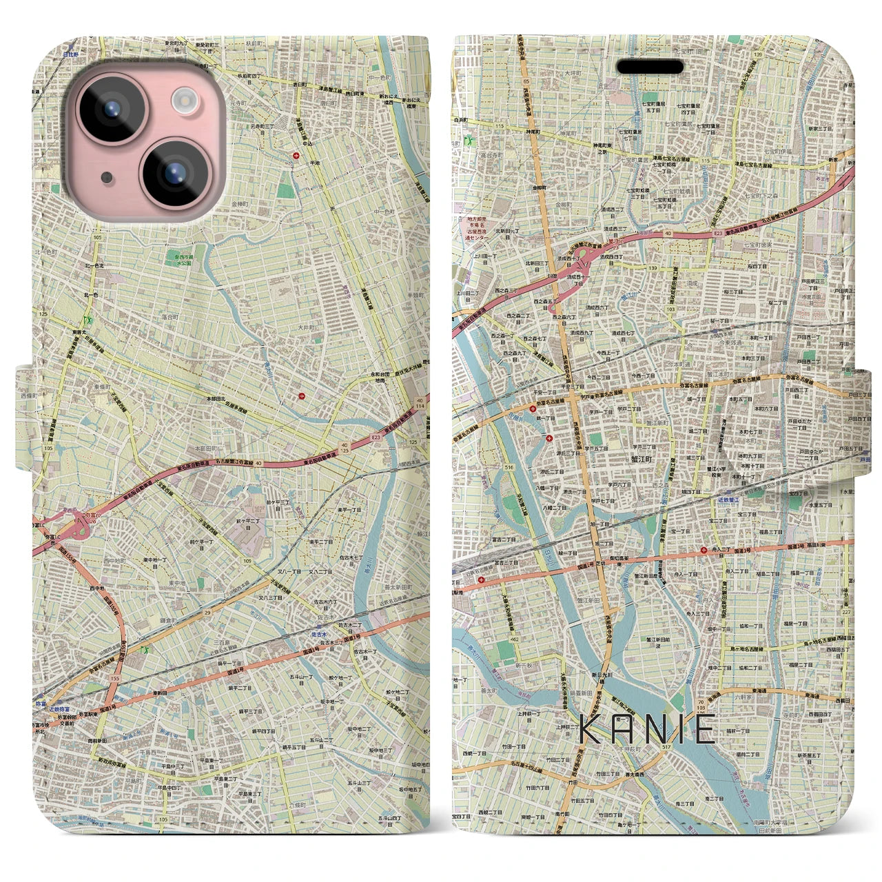 【蟹江（愛知県）】地図柄iPhoneケース（手帳タイプ）