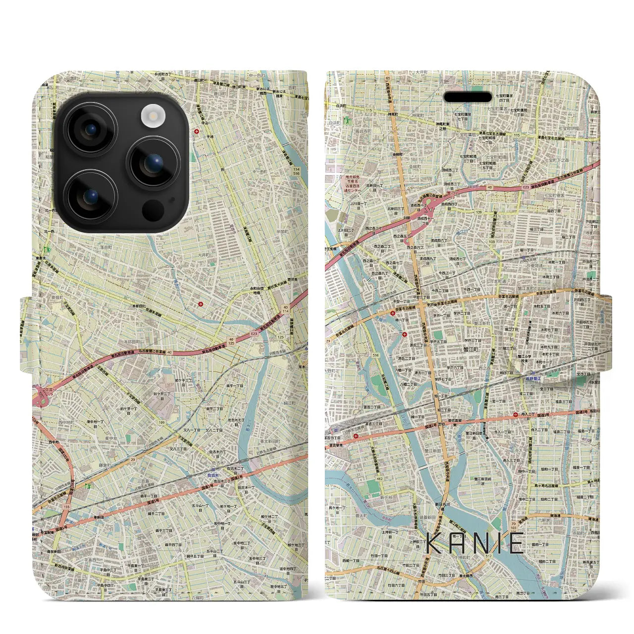 【蟹江（愛知県）】地図柄iPhoneケース（手帳タイプ）