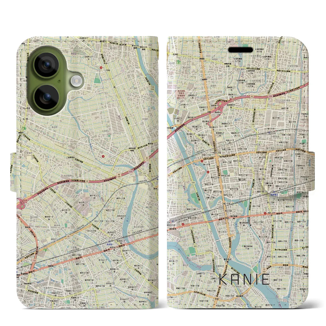 【蟹江(愛知県)】地図柄iPhoneケース(手帳タイプ)ナチュラル・iPhone 17 Pro Max 用