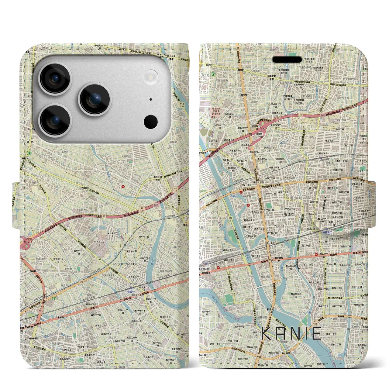 【蟹江（愛知県）】地図柄iPhoneケース（手帳タイプ）