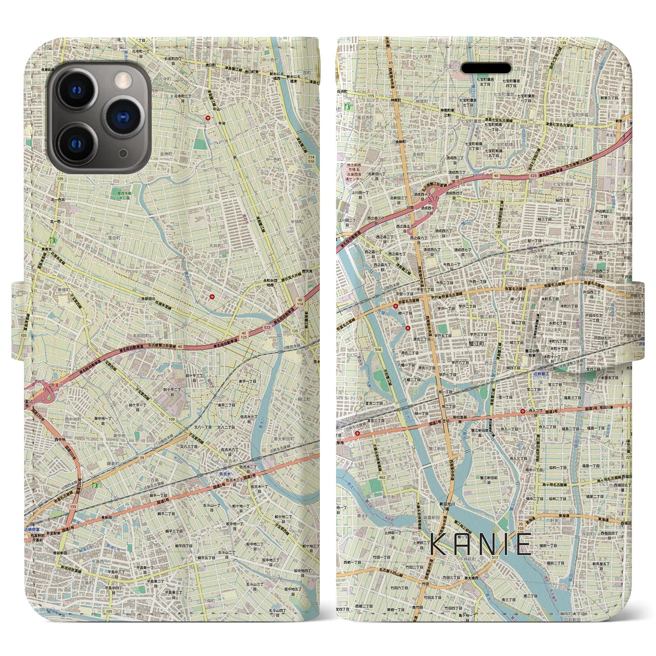 【蟹江（愛知県）】地図柄iPhoneケース（手帳タイプ）