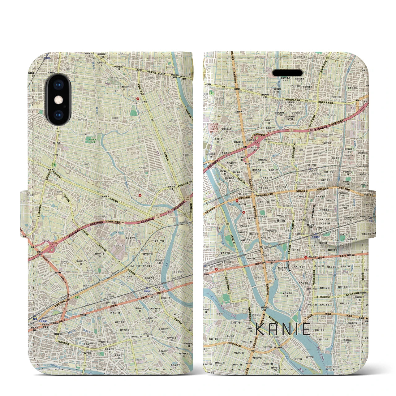 【蟹江（愛知県）】地図柄iPhoneケース（手帳タイプ）