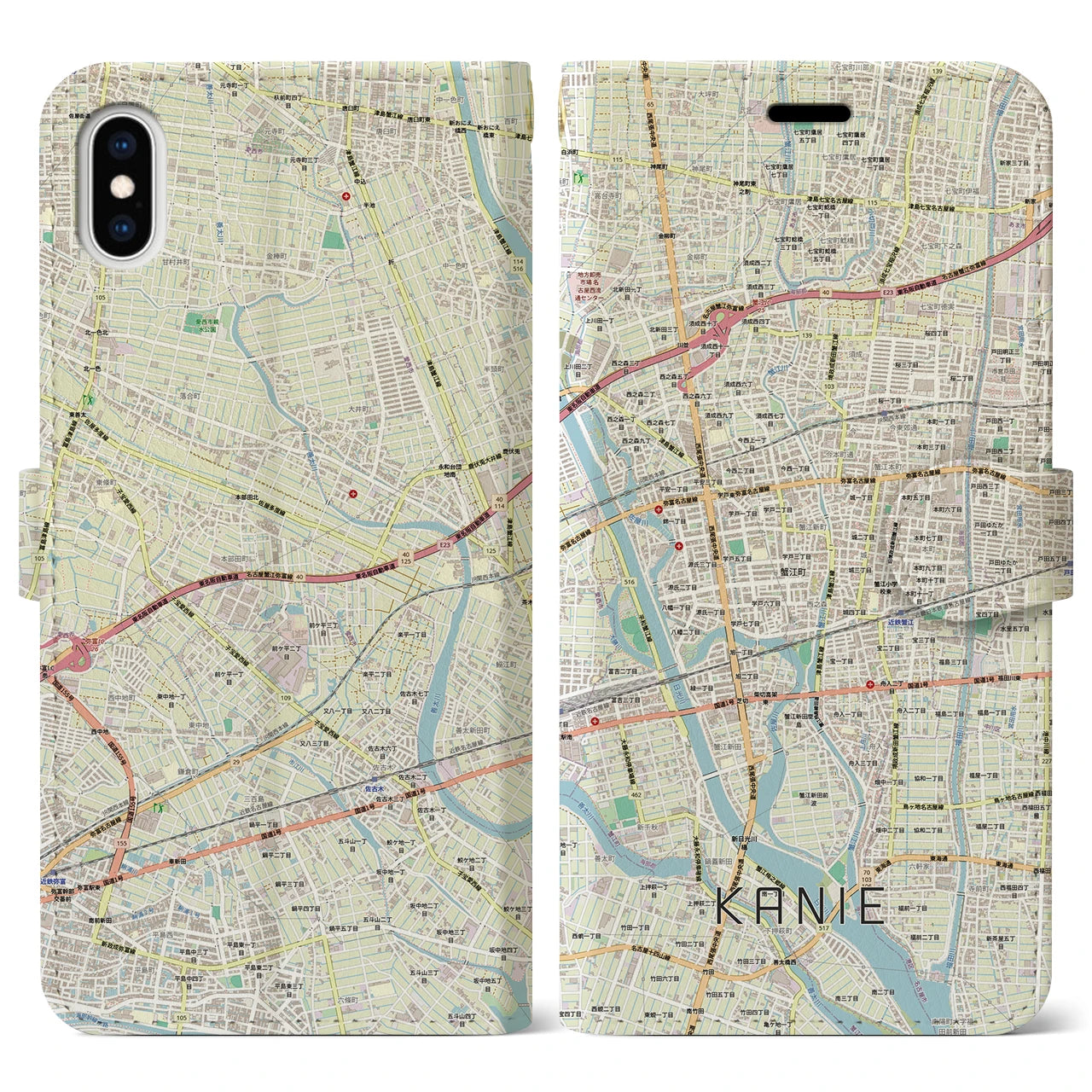 【蟹江（愛知県）】地図柄iPhoneケース（手帳タイプ）