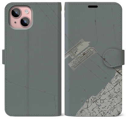 【関空（大阪府）】地図柄iPhoneケース（手帳タイプ）モノトーン・iPhone 15 Plus 用
