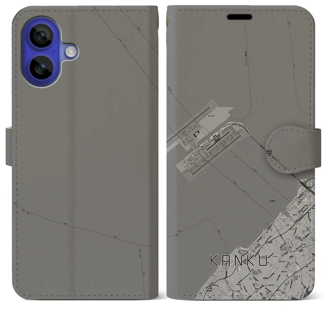 【関空(大阪府)】地図柄iPhoneケース(手帳タイプ)モノトーン・iPhone 16 Pro Max 用