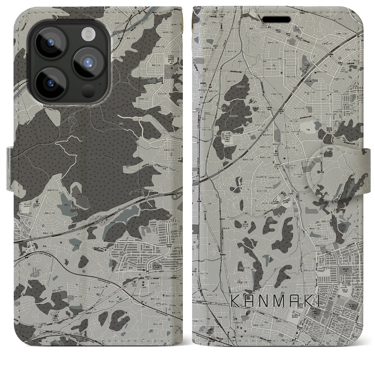 【上牧】地図柄iPhoneケース（手帳両面タイプ・モノトーン）iPhone 15 Pro Max 用