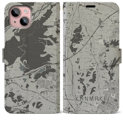 【上牧（奈良県）】地図柄iPhoneケース（手帳タイプ）モノトーン・iPhone 15 Plus 用