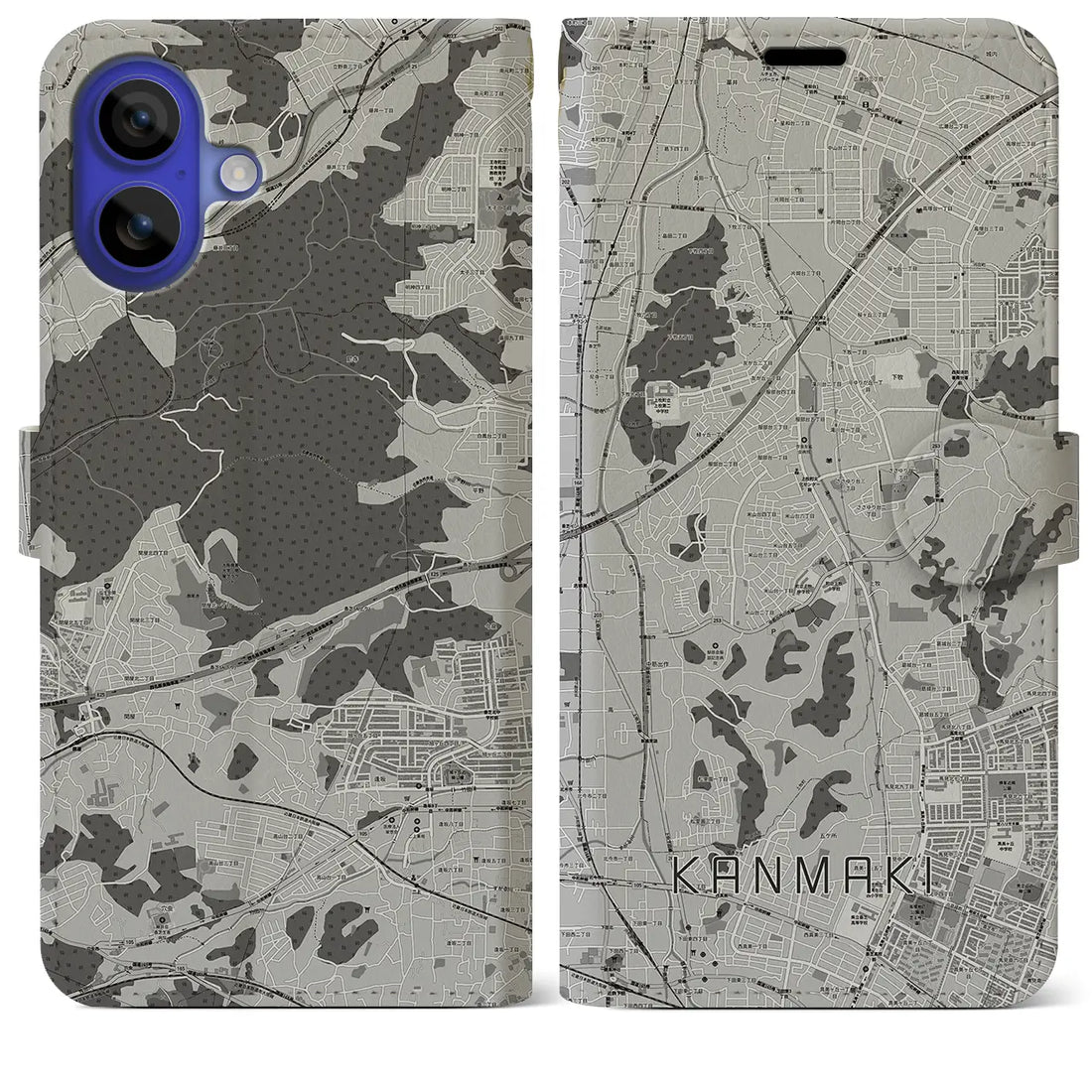 【上牧(奈良県)】地図柄iPhoneケース(手帳タイプ)モノトーン・iPhone 16 Pro Max 用