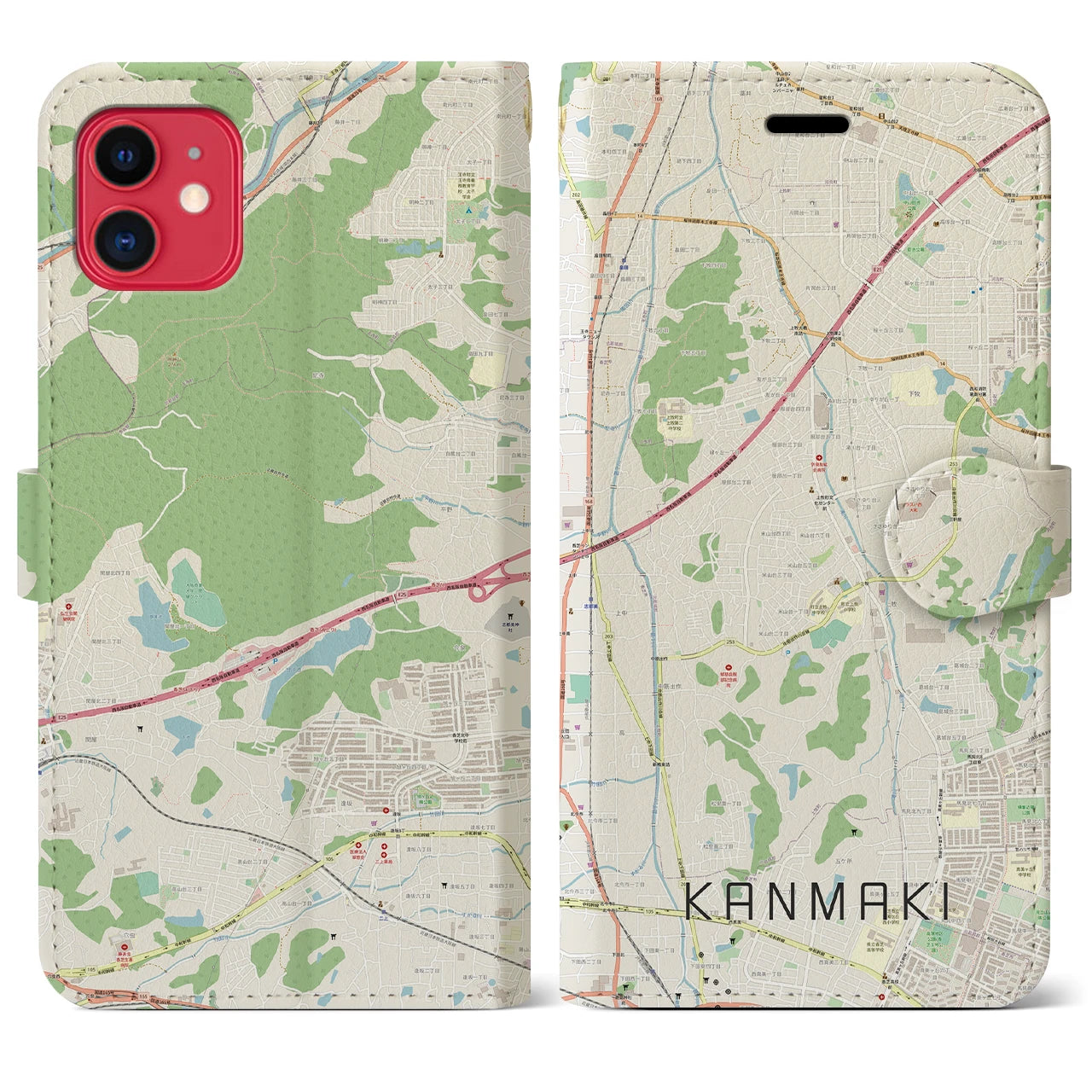 【上牧（奈良県）】地図柄iPhoneケース（手帳タイプ）ナチュラル・iPhone 11 用