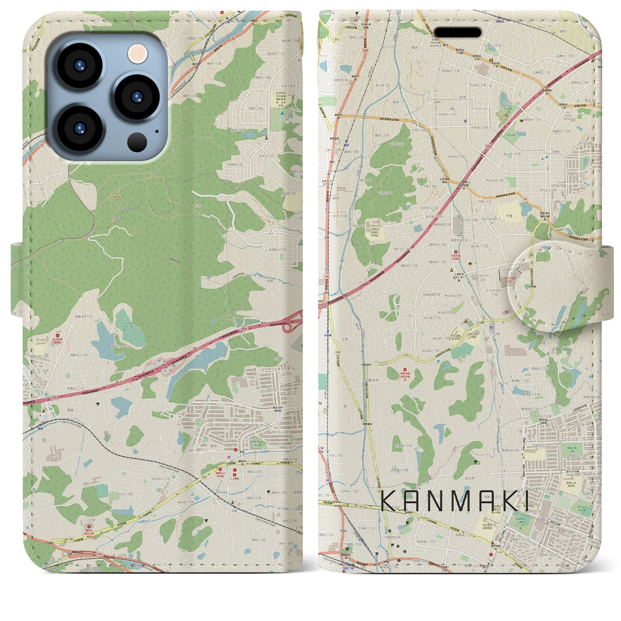 【上牧（奈良県）】地図柄iPhoneケース（手帳タイプ）ナチュラル・iPhone 13 Pro Max 用