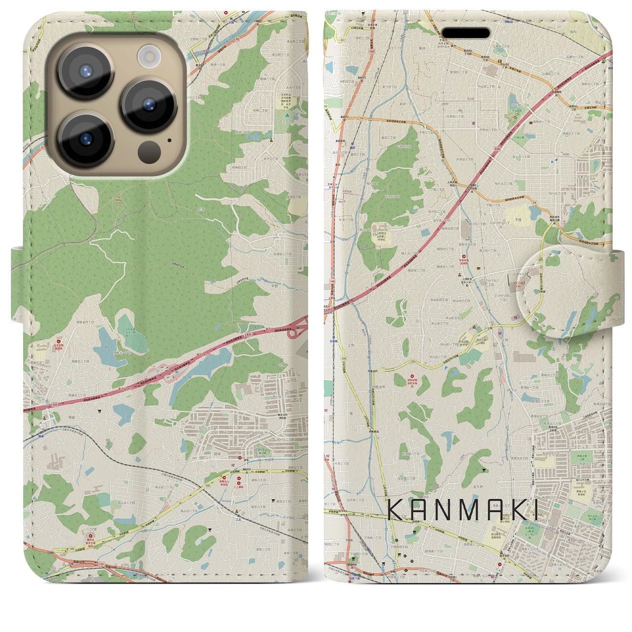 【上牧（奈良県）】地図柄iPhoneケース（手帳タイプ）ナチュラル・iPhone 14 Pro Max 用