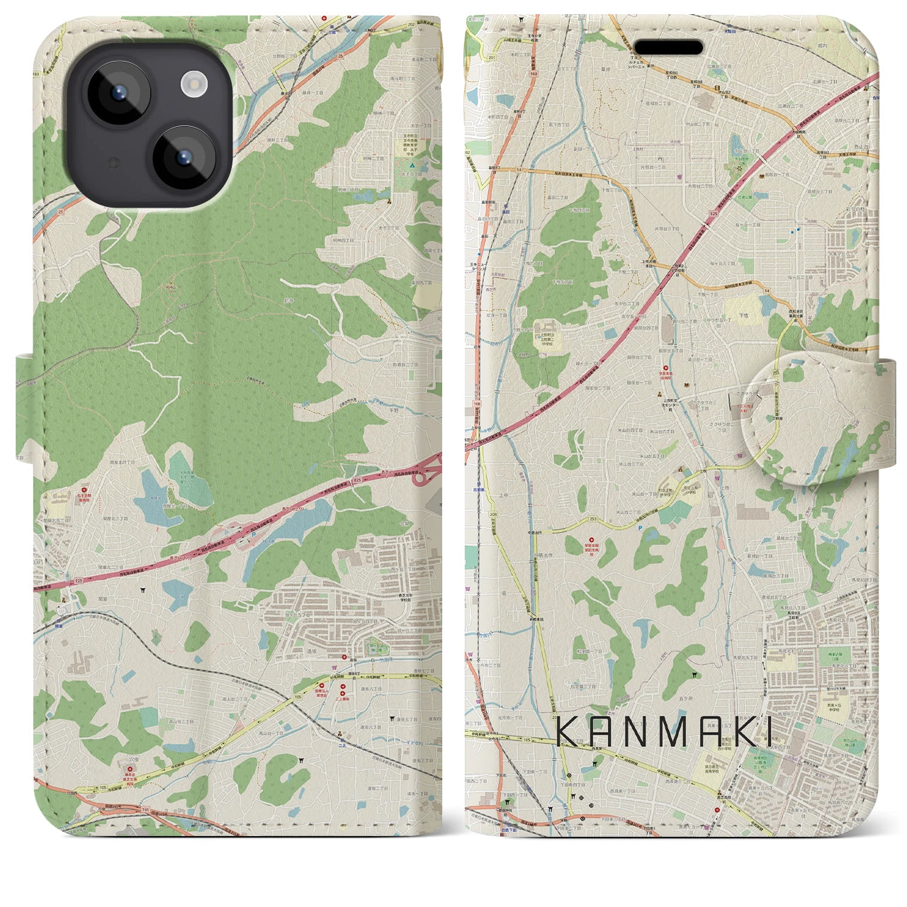 【上牧（奈良県）】地図柄iPhoneケース（手帳タイプ）ナチュラル・iPhone 14 Plus 用