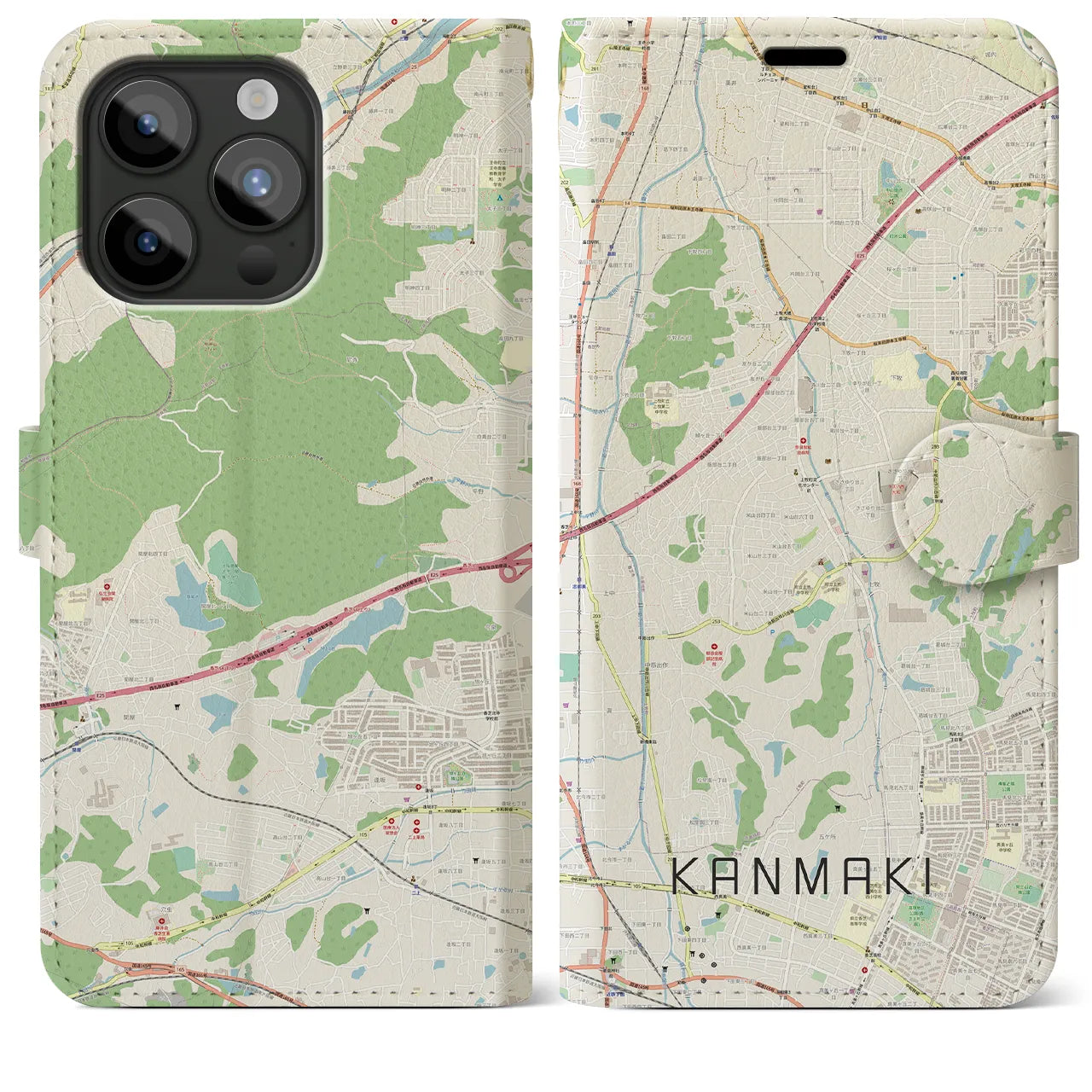 【上牧（奈良県）】地図柄iPhoneケース（手帳タイプ）ナチュラル・iPhone 15 Pro Max 用