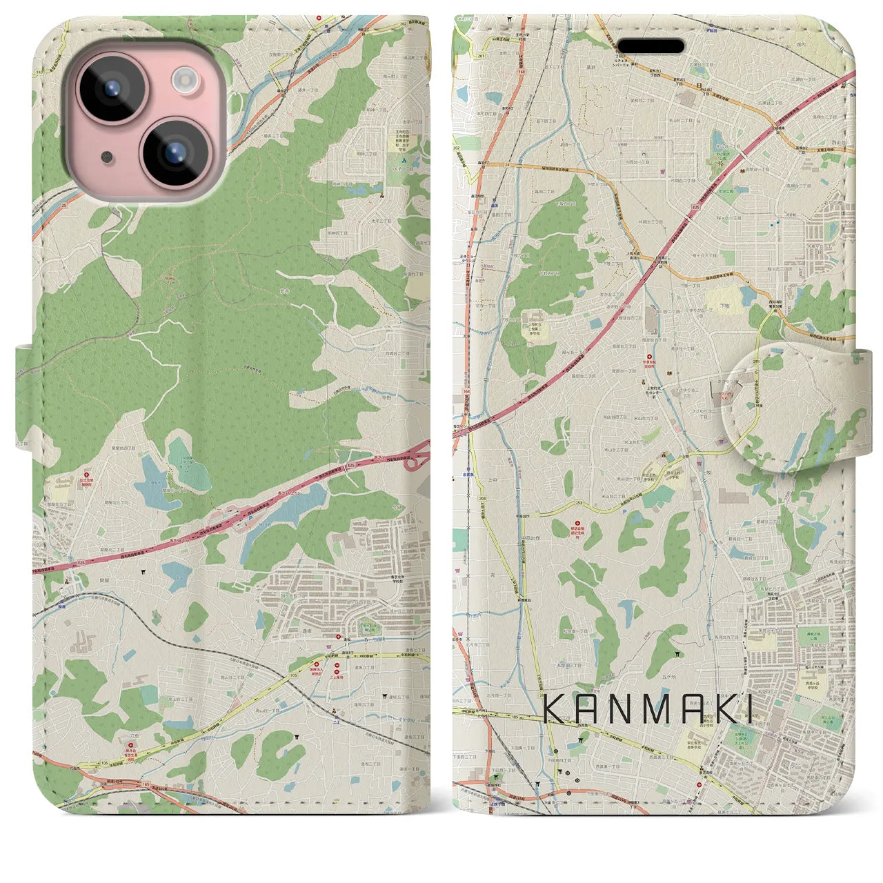 【上牧（奈良県）】地図柄iPhoneケース（手帳タイプ）ナチュラル・iPhone 15 Plus 用