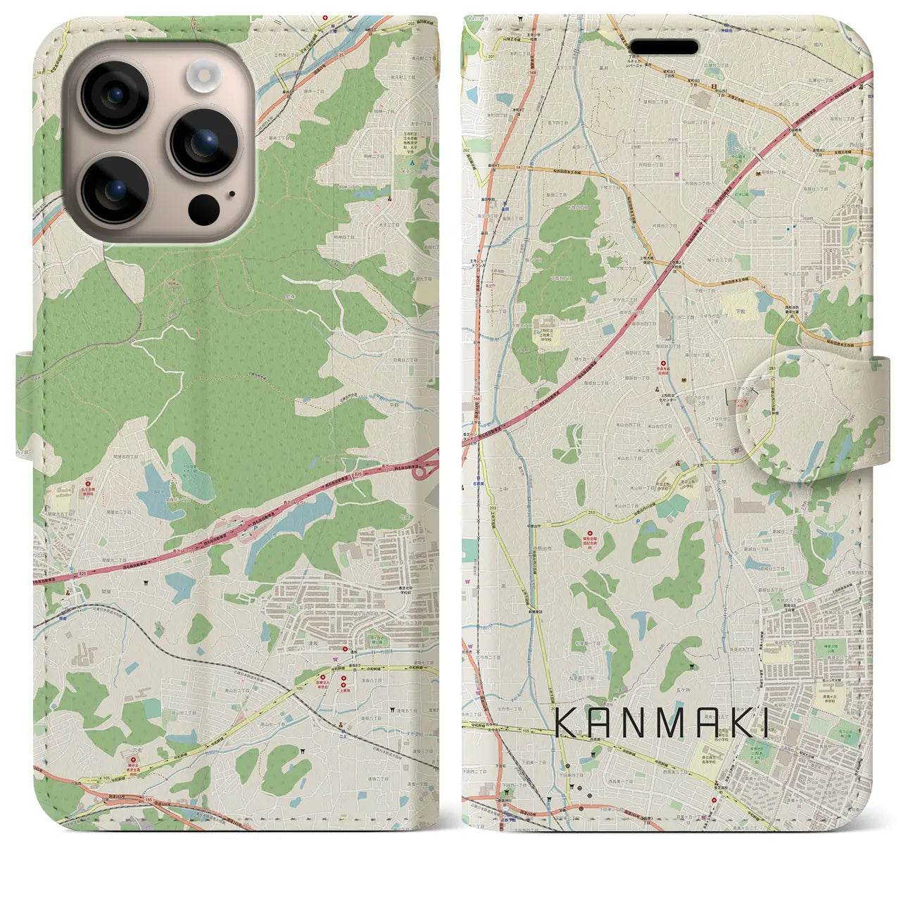 【上牧（奈良県）】地図柄iPhoneケース（手帳タイプ）ナチュラル・iPhone 16 Plus 用