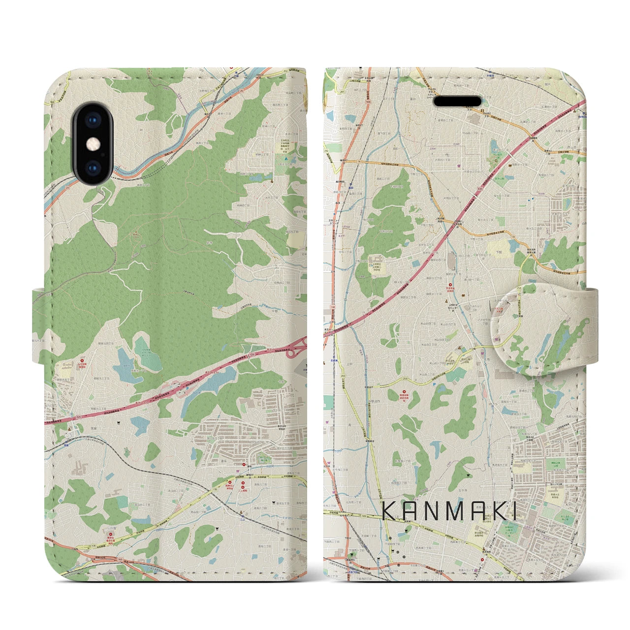 【上牧（奈良県）】地図柄iPhoneケース（手帳タイプ）ナチュラル・iPhone XS / X 用