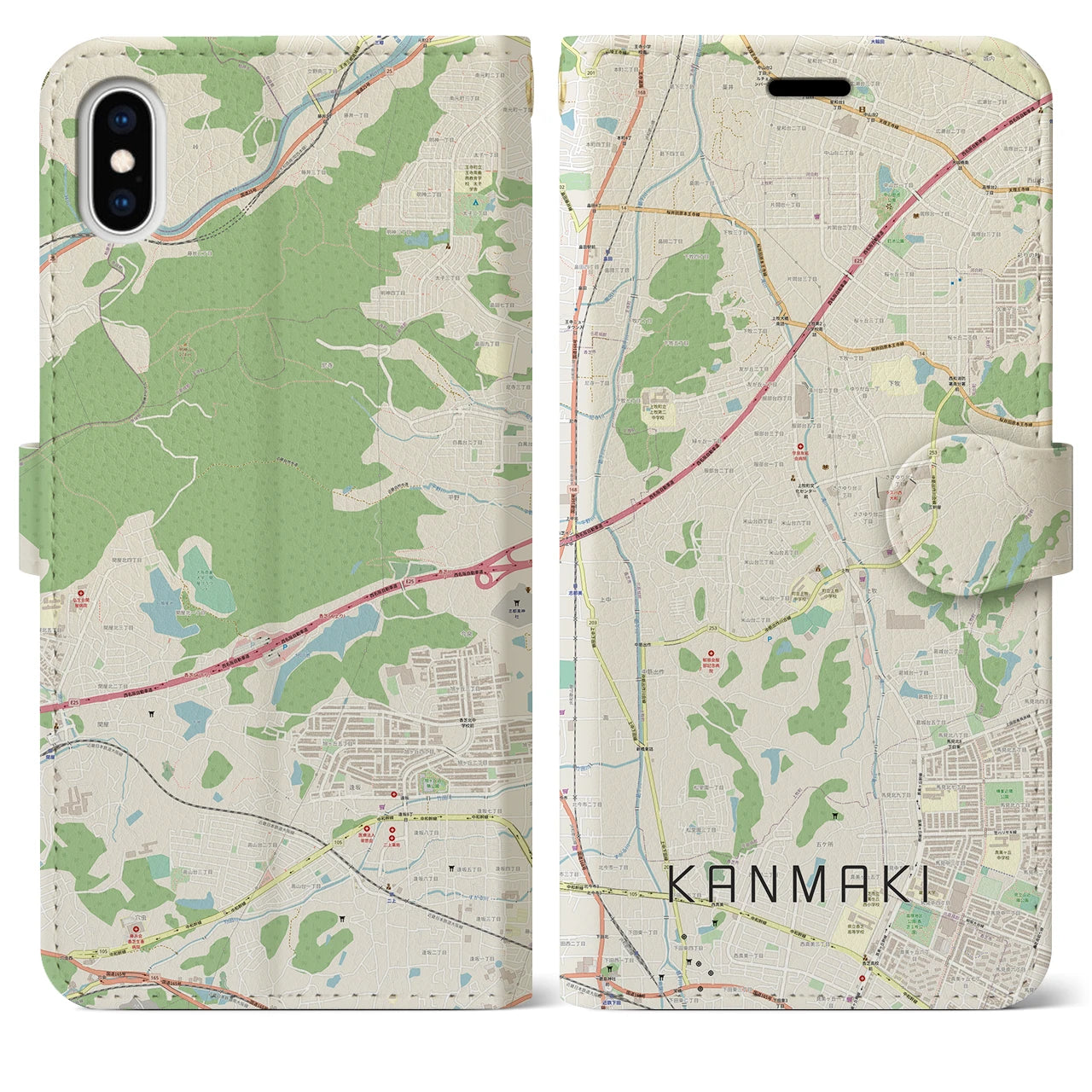 【上牧（奈良県）】地図柄iPhoneケース（手帳タイプ）ナチュラル・iPhone XS Max 用