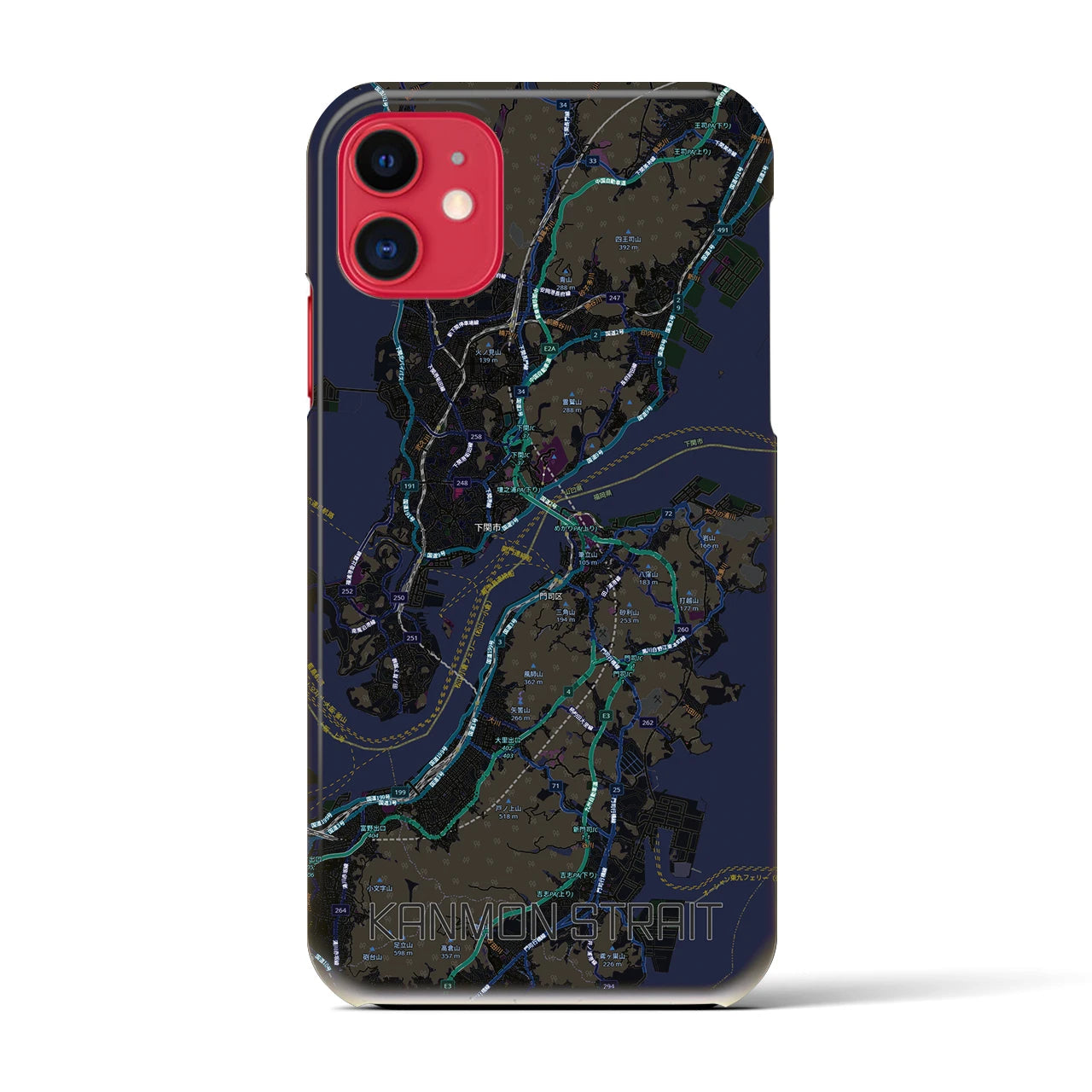 【関門海峡（山口県）】地図柄iPhoneケース（バックカバータイプ）ブラック・iPhone 11 用