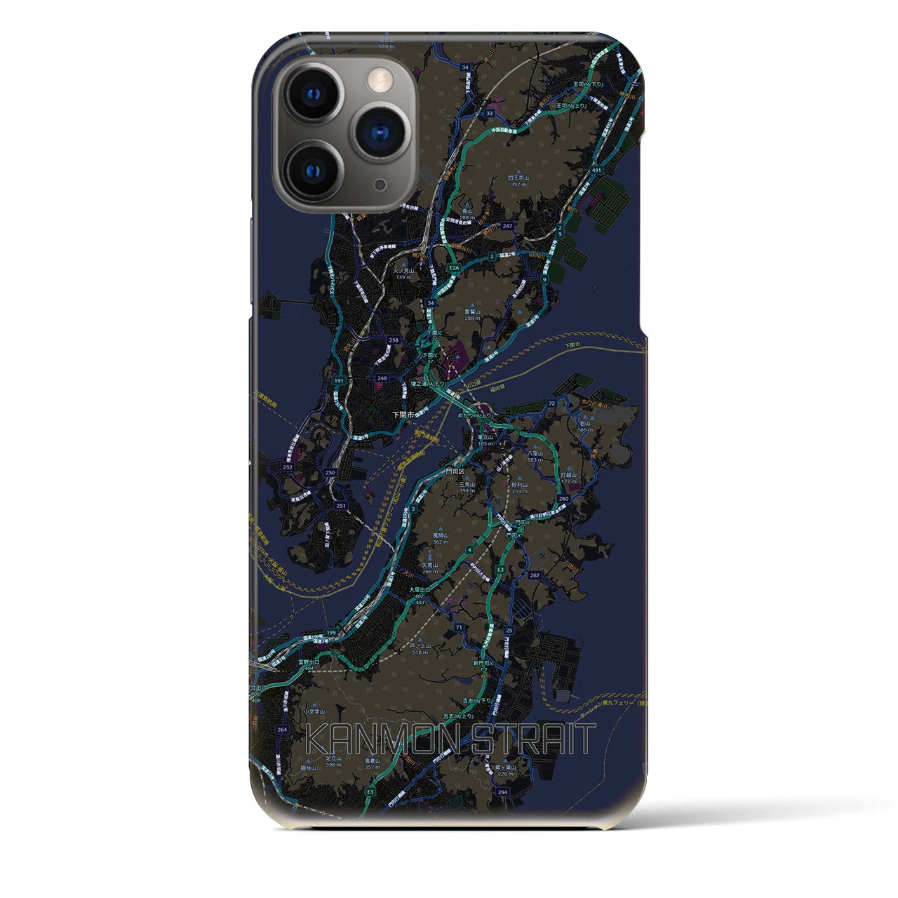 【関門海峡（山口県）】地図柄iPhoneケース（バックカバータイプ）ブラック・iPhone 11 Pro Max 用