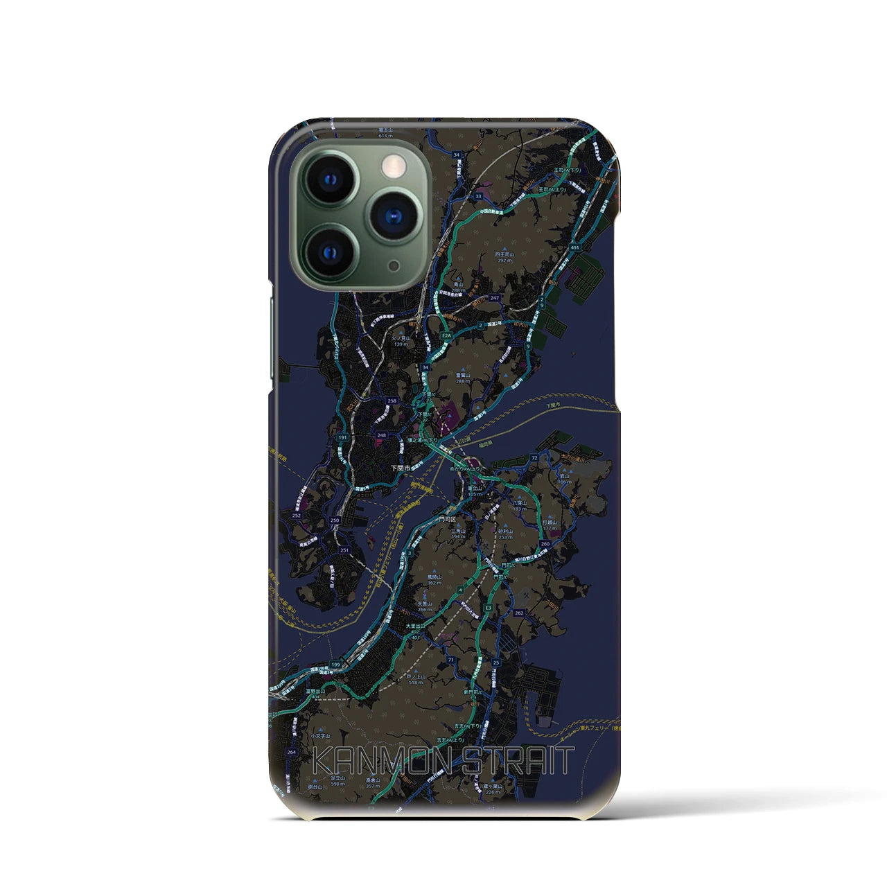 【関門海峡（山口県）】地図柄iPhoneケース（バックカバータイプ）ブラック・iPhone 11 Pro 用