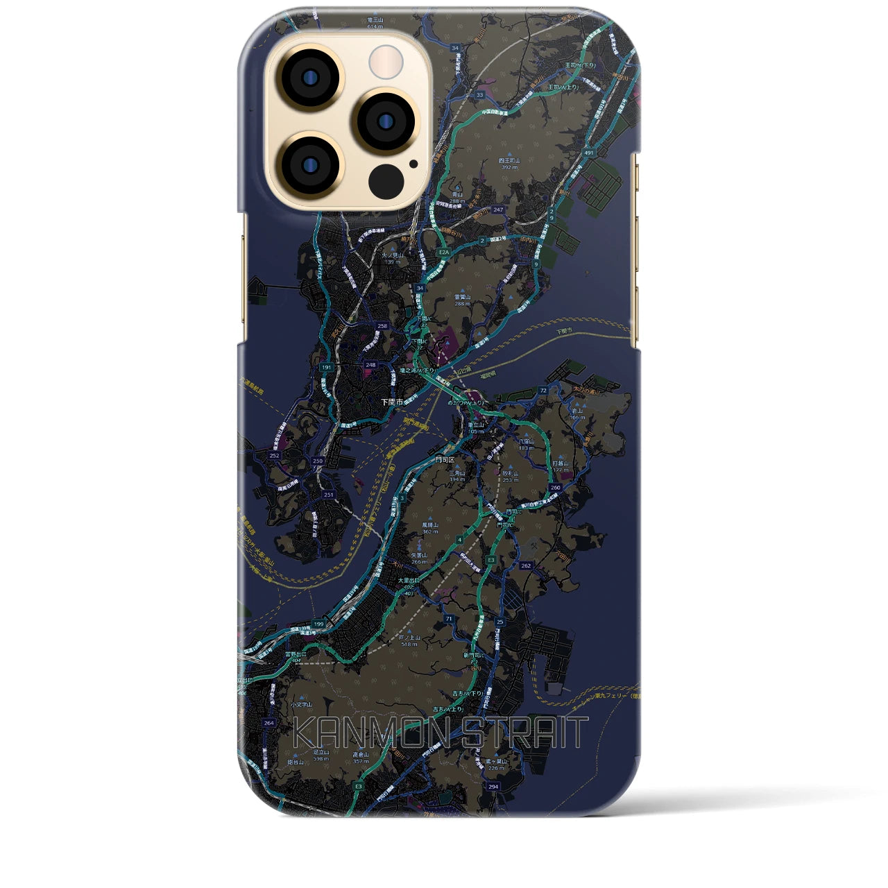 【関門海峡（山口県）】地図柄iPhoneケース（バックカバータイプ）ブラック・iPhone 12 Pro Max 用