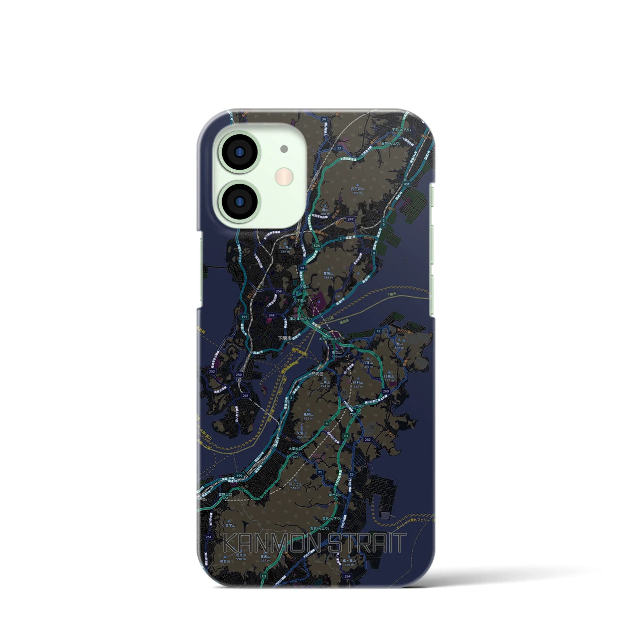 【関門海峡（山口県）】地図柄iPhoneケース（バックカバータイプ）ブラック・iPhone 12 mini 用