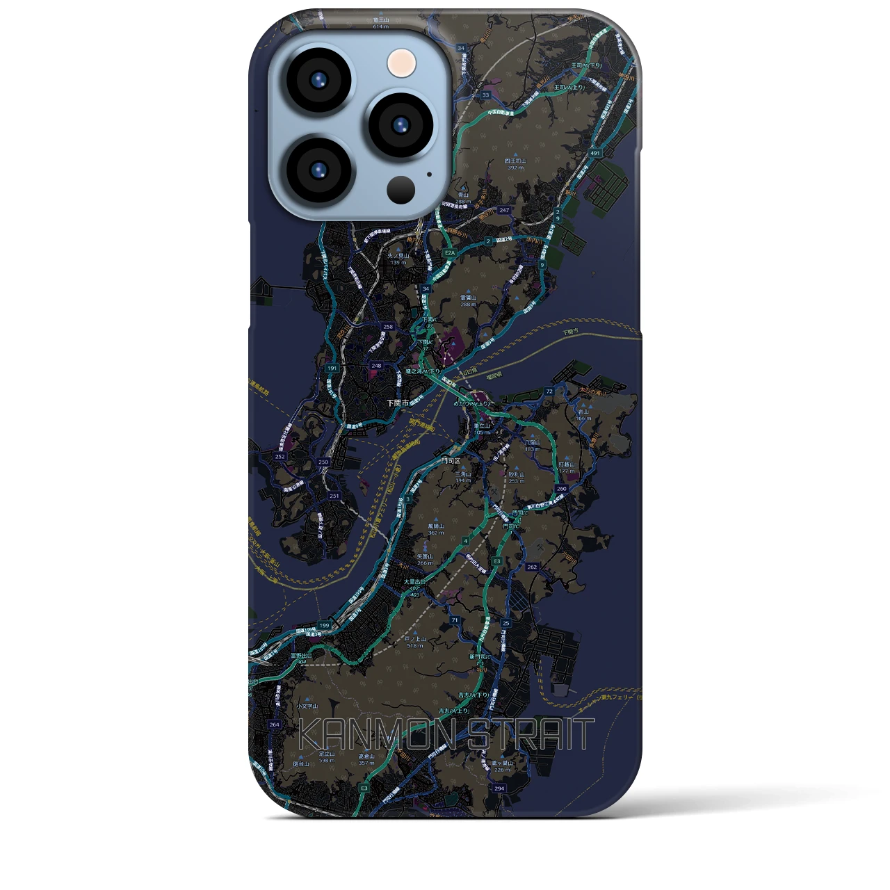 【関門海峡（山口県）】地図柄iPhoneケース（バックカバータイプ）ブラック・iPhone 13 Pro Max 用