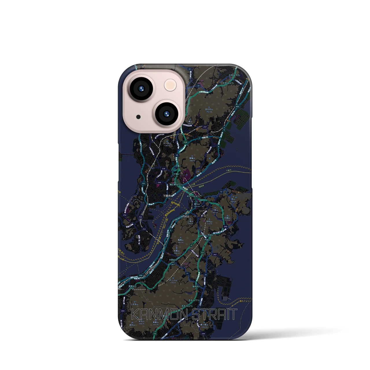 【関門海峡（山口県）】地図柄iPhoneケース（バックカバータイプ）ブラック・iPhone 13 mini 用